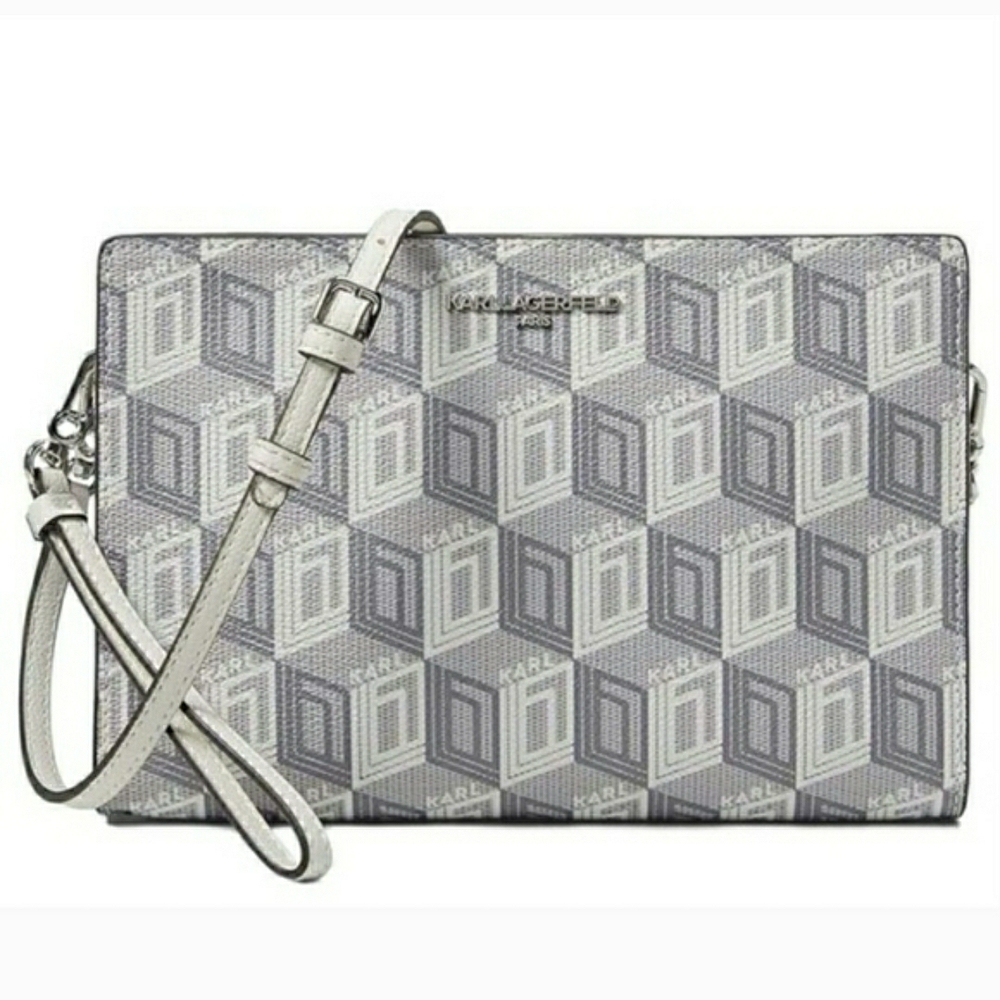 NWT! Rare! Karl Lagerfeld Gray & White Geometric Adele Crossbody / Wristlet Bag